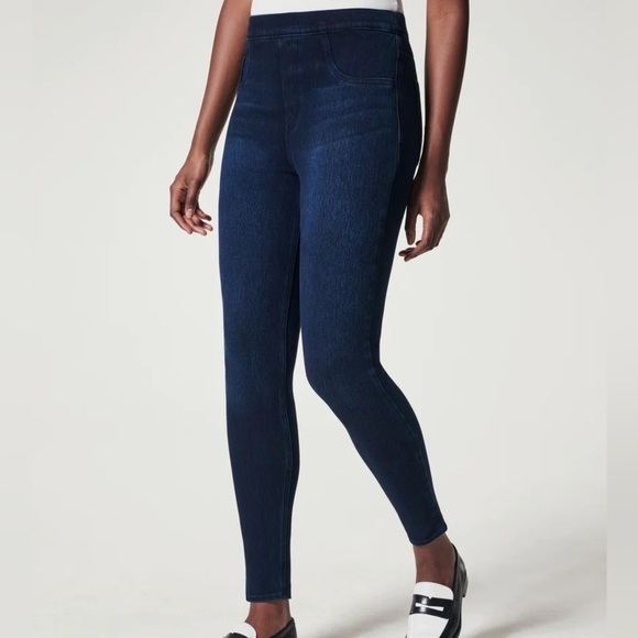 SPANX Jean-Ish Ankle Leggings Dark Blue Size Medium Shapewear Highrise Pockets - Picture 1 of 15